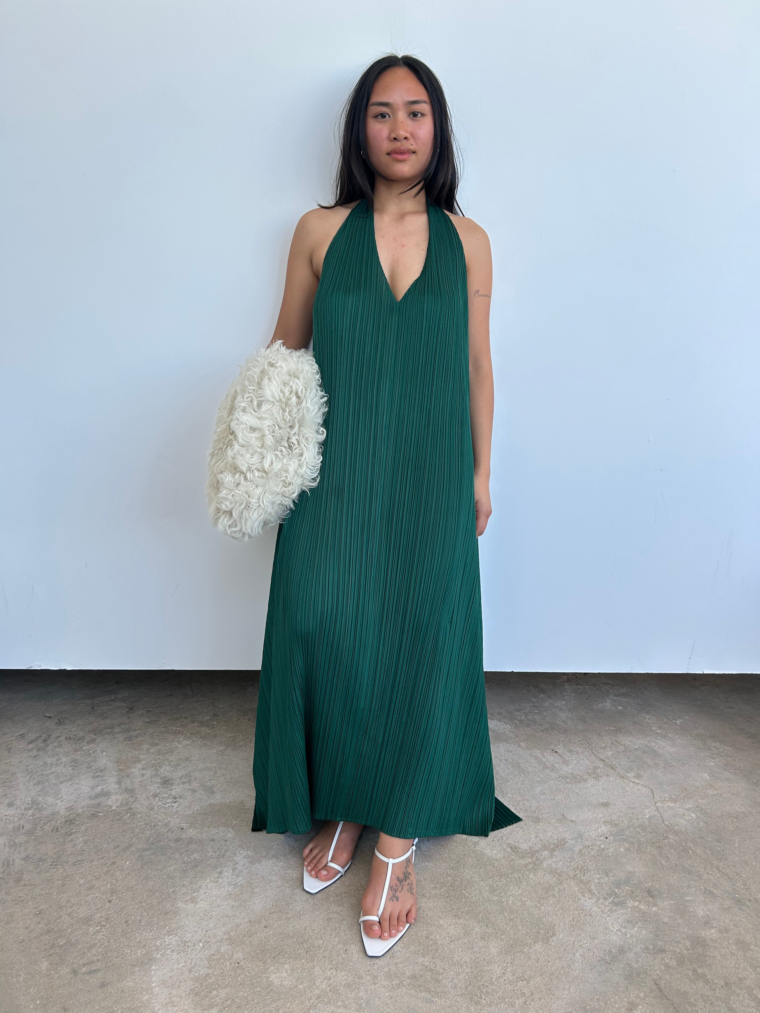 Issey Miyake Pleats Please Emerald Green 'Echo' Halterneck Wrap Dress Curate & Rotate Issey Miyake Pleats Please Emerald Green 'Echo' Halterneck Wrap Dress Curate & Rotate