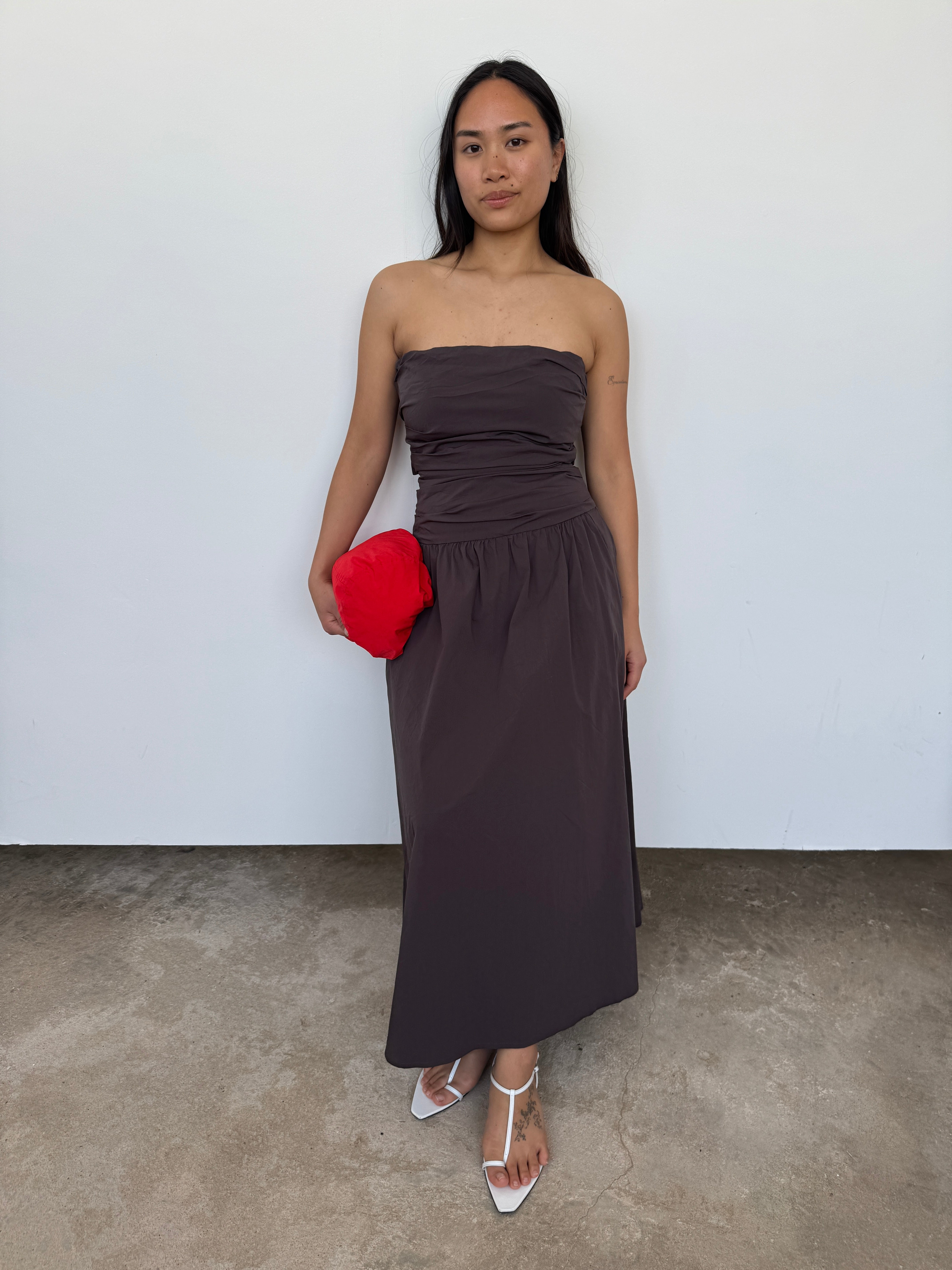 St Agni Brown Strapless Tie-back Crinkled Cotton-Blend Maxi Dress
