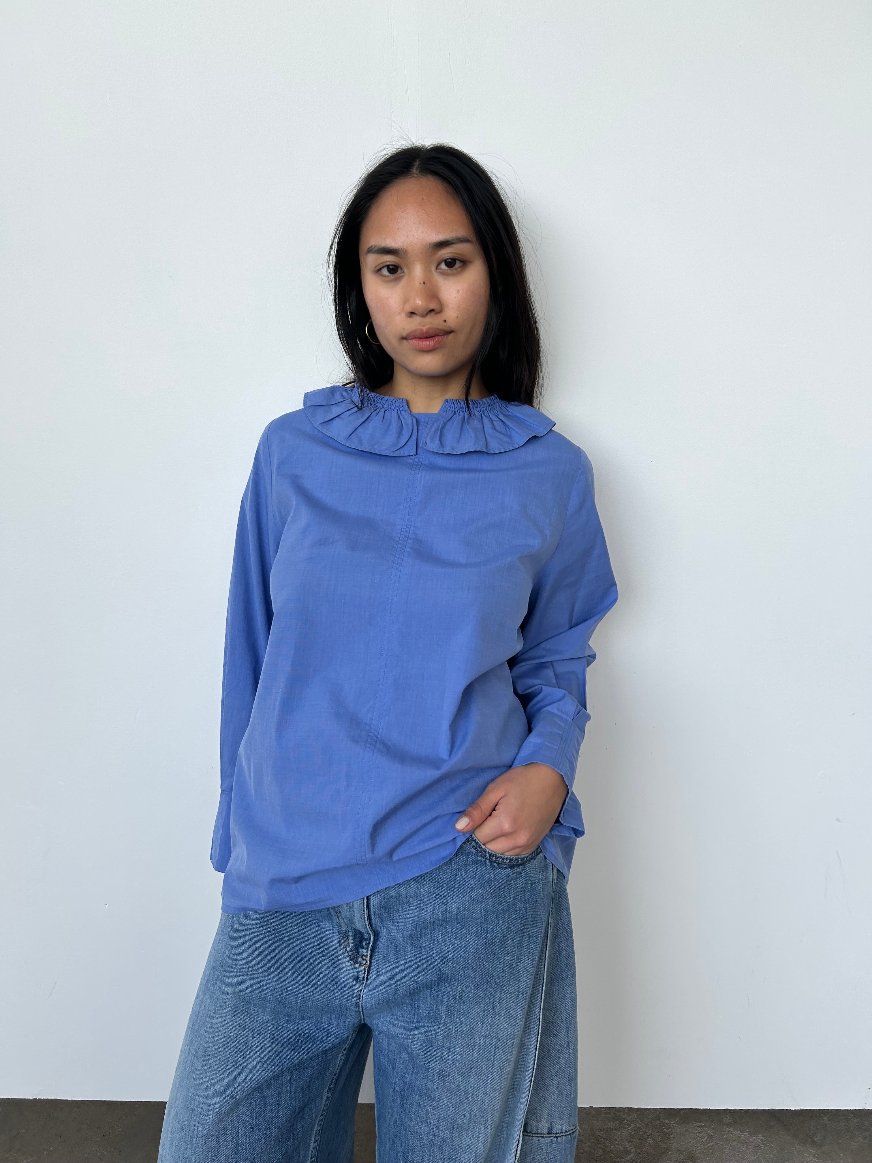 Atlantique Ascoli Blue Frill Neck Blouse | UK8-10 – Curate & Rotate