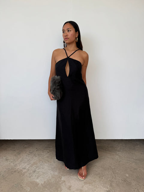 matin linen dress Black Halterneck Dion Lee Linear Crepe Long wrap Size:CONT 44 INV-81398