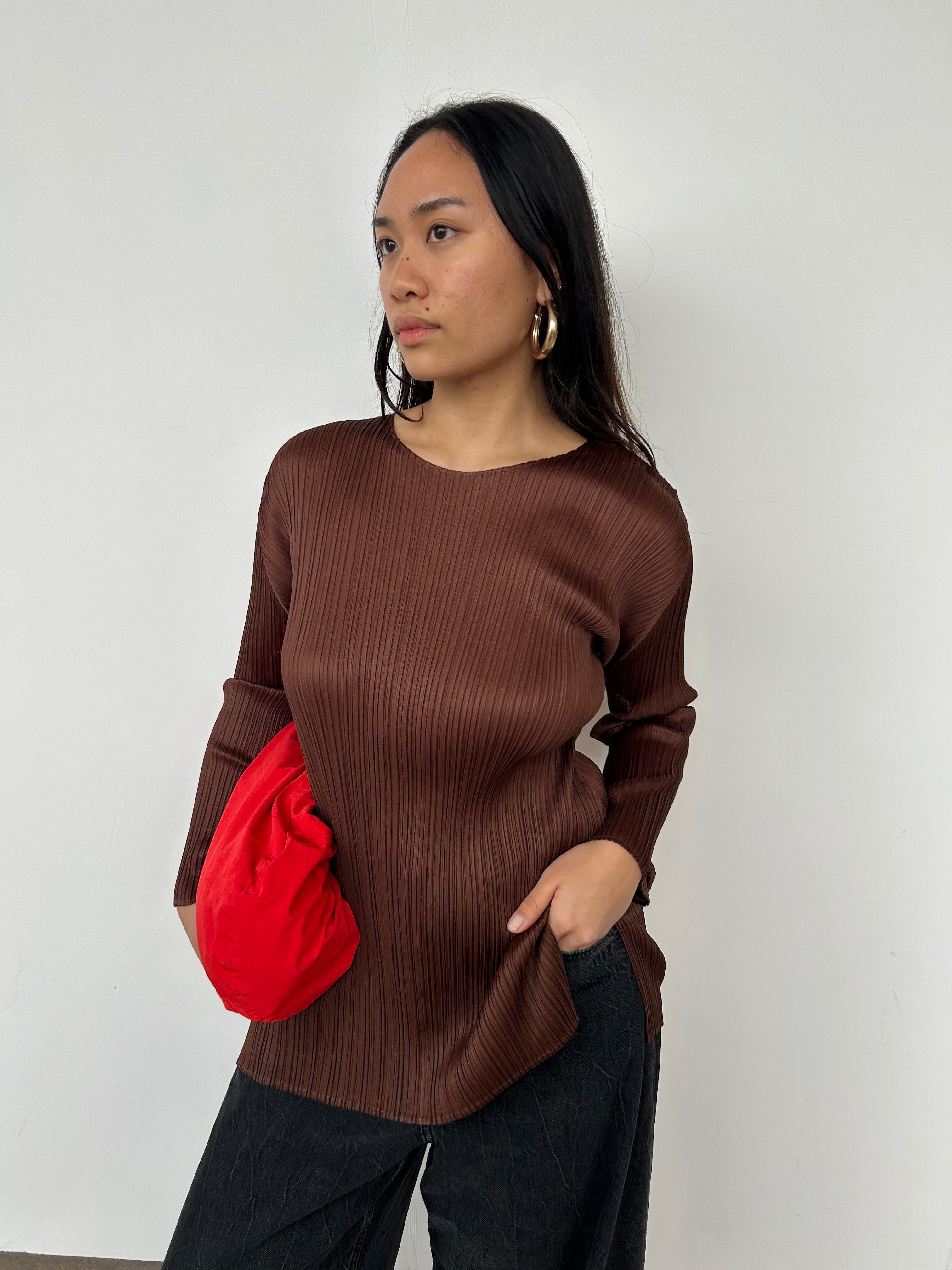 Issey Miyake Pleats Please Brown Long Sleeve Top | UK8-10 – Curate