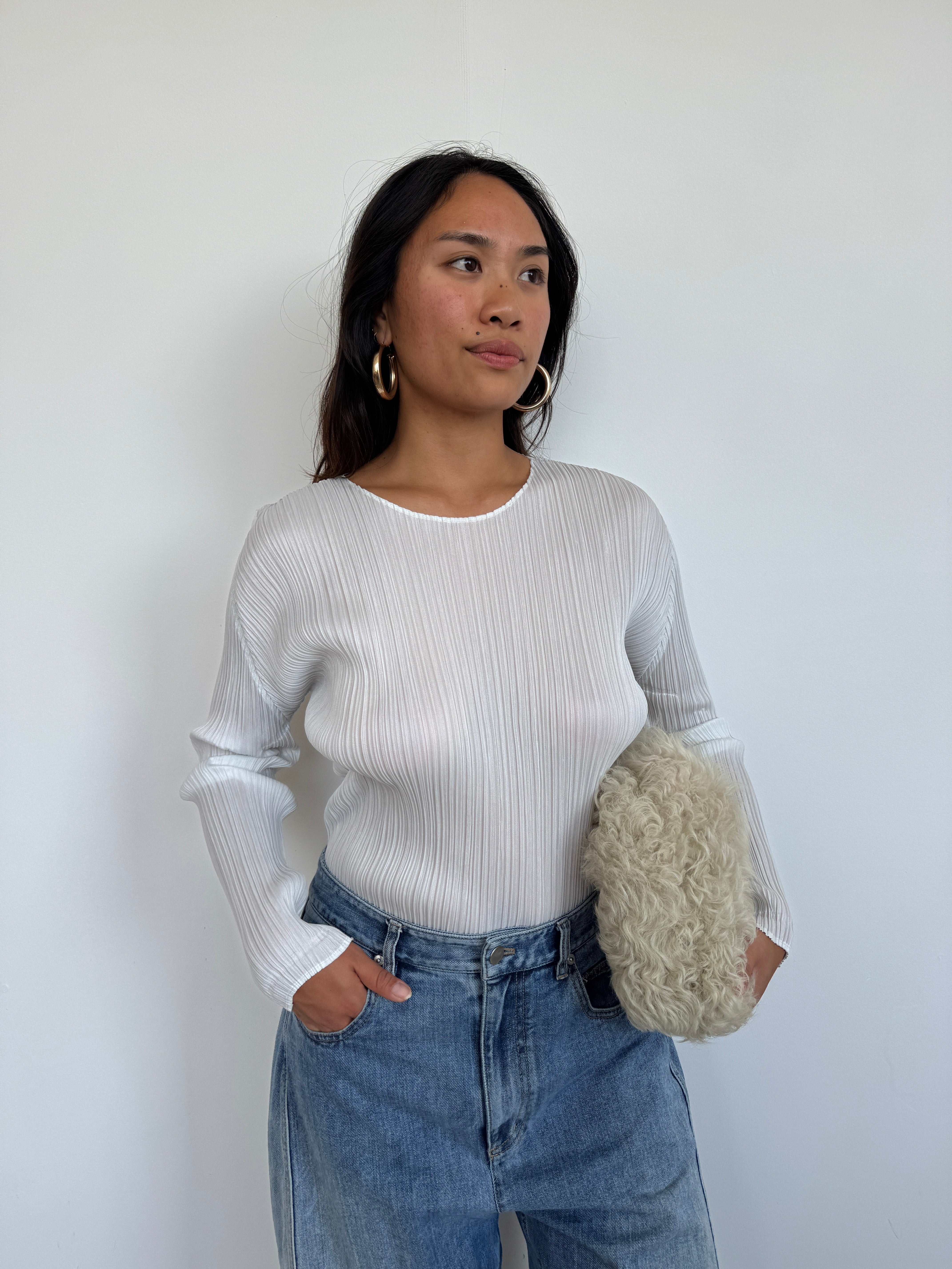 Issey Miyake Pleats Please Ice Blue Long Sleeve Top | UK8-10