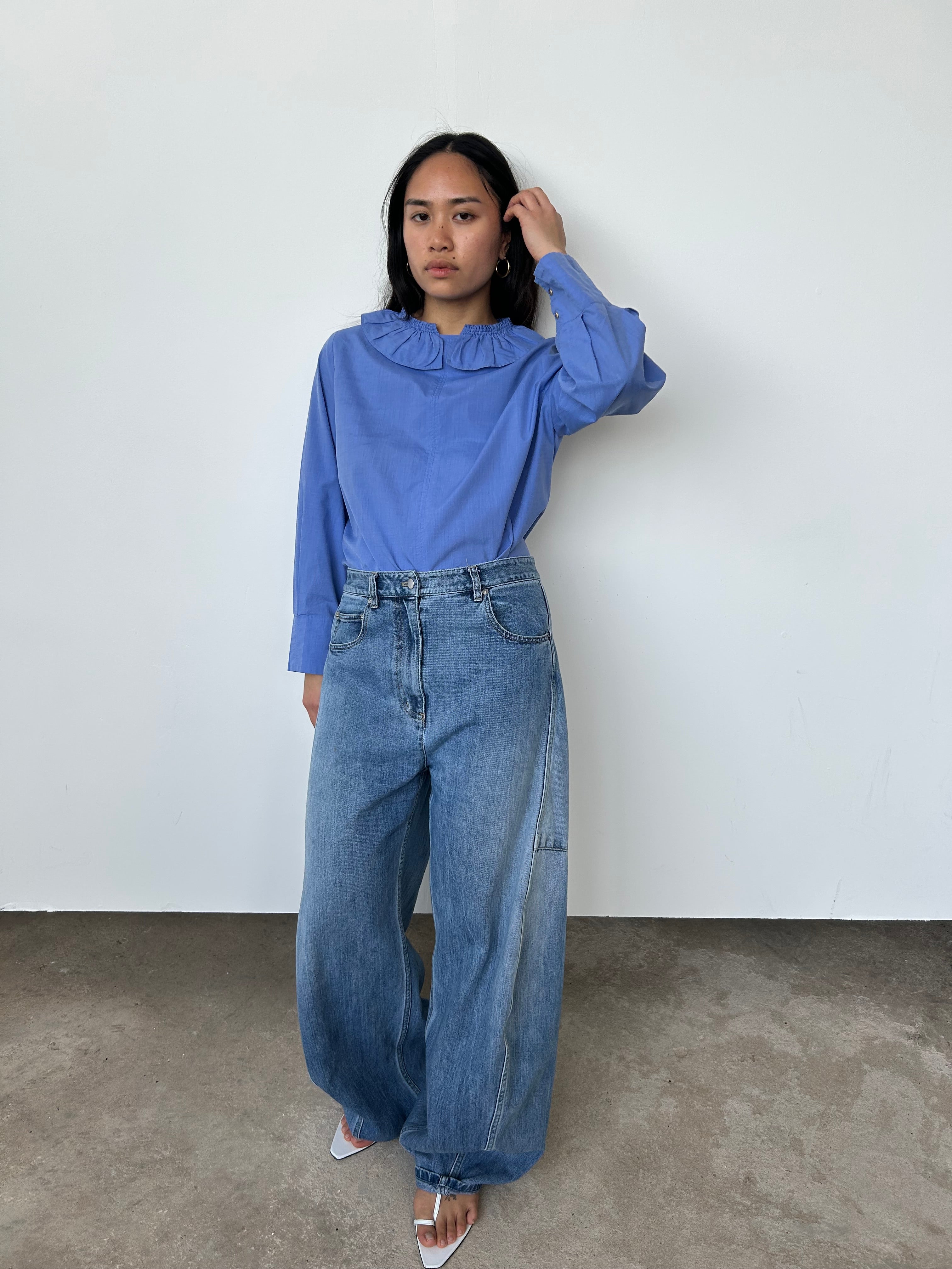Atlantique Ascoli Blue Frill Neck Blouse | UK8-10 – Curate & Rotate