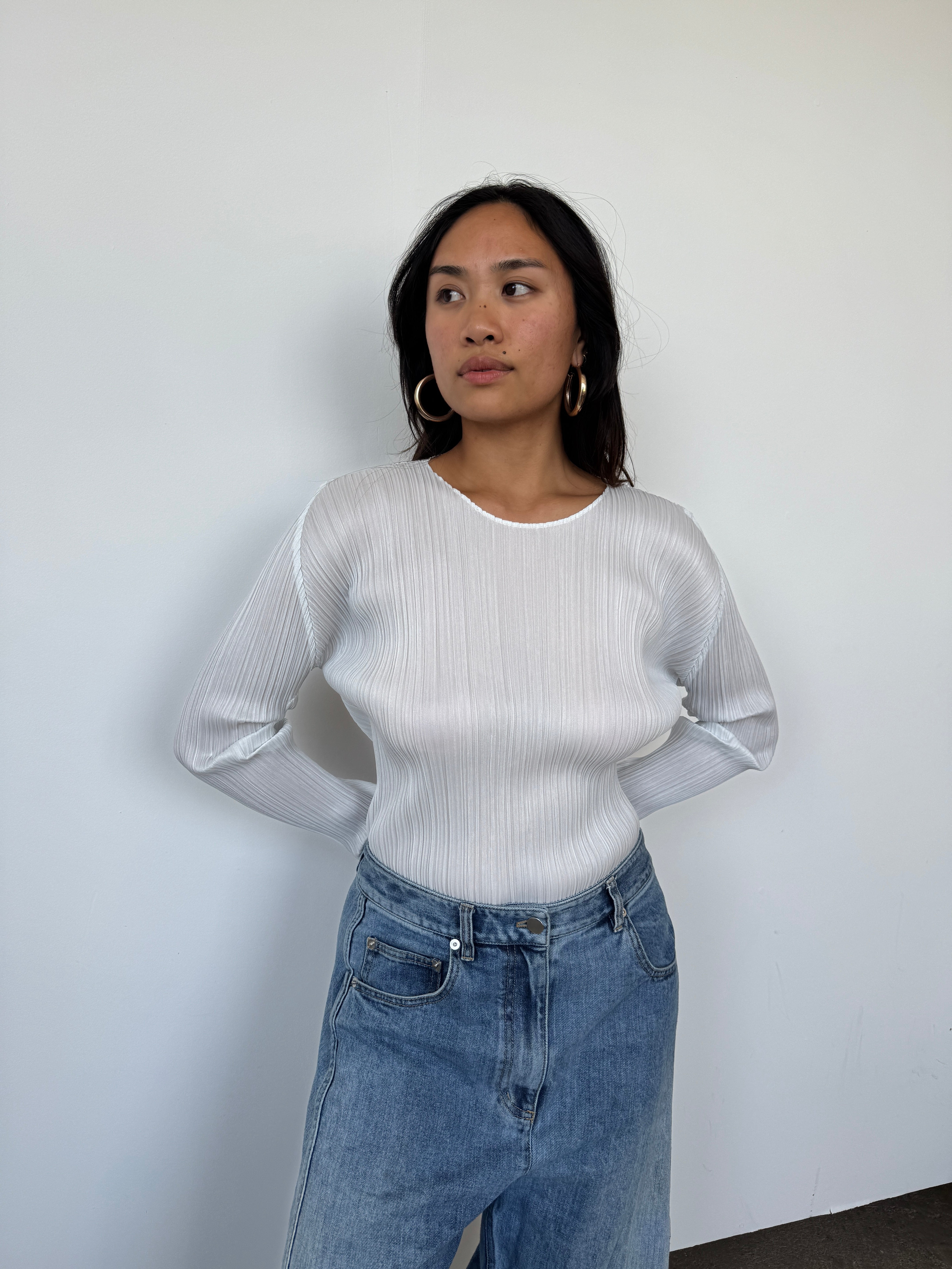 Issey Miyake Pleats Please Ice Blue Long Sleeve Top | UK8-10