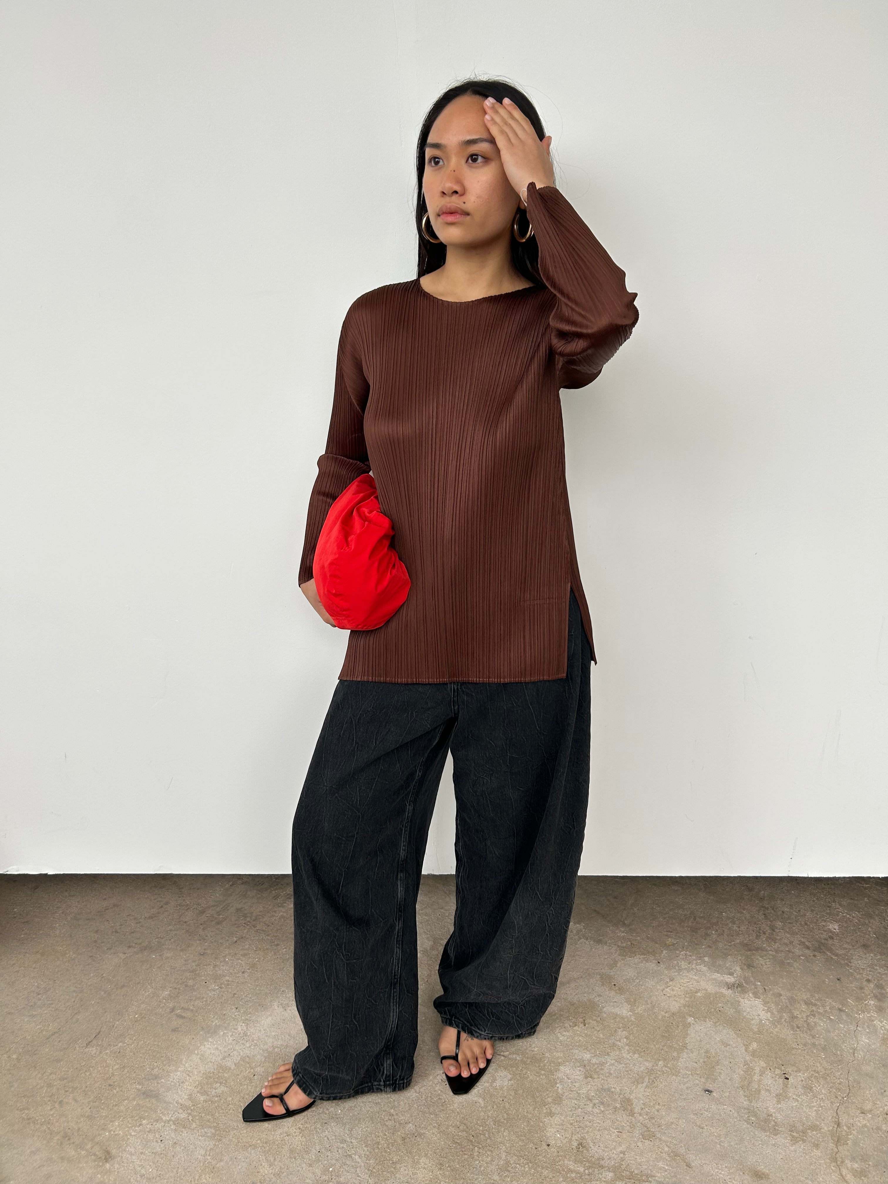 Issey Miyake Pleats Please Brown Long Sleeve Top | UK8-10 – Curate