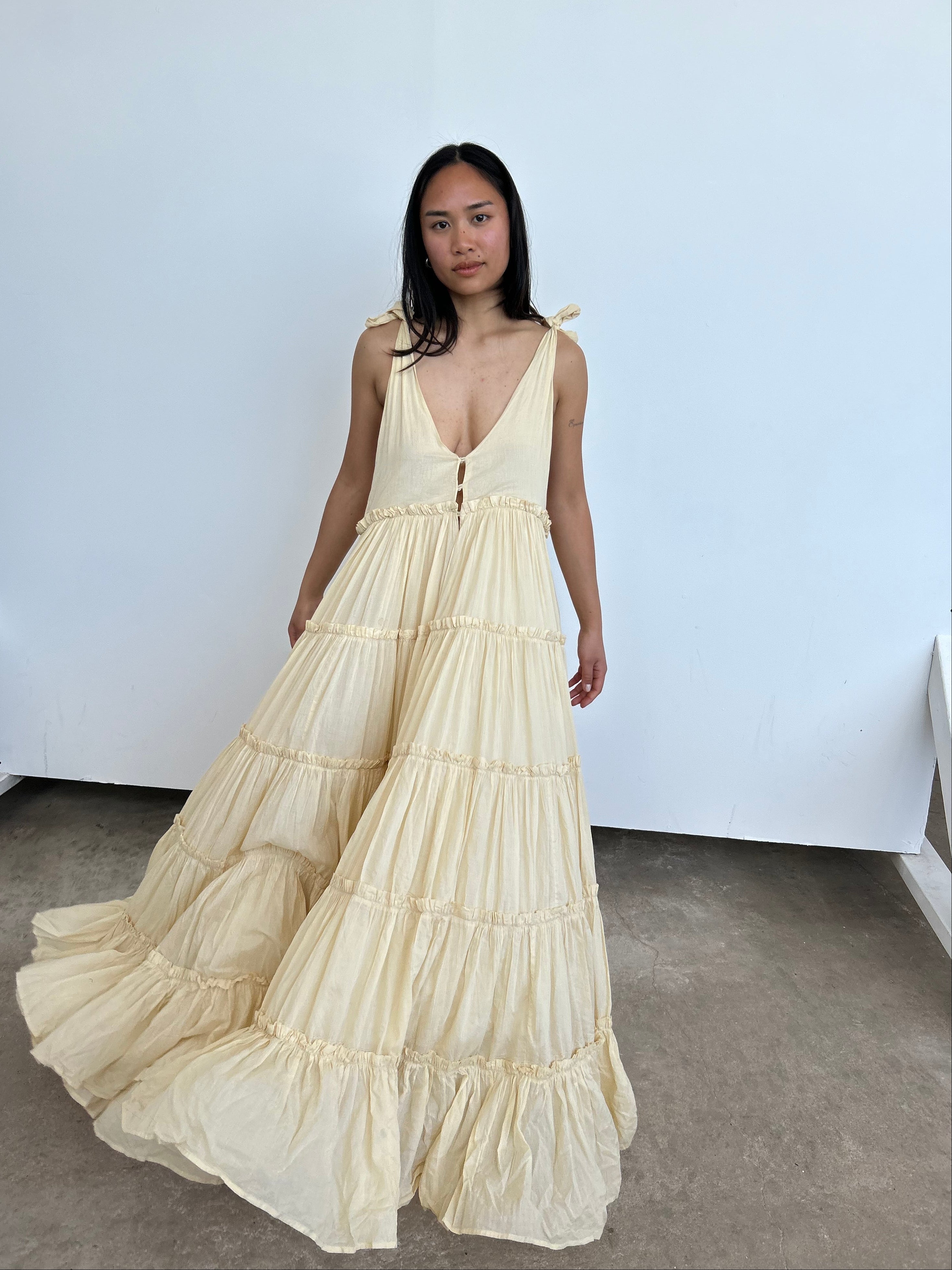 yellow dress for a wedding Romance Ruffle Dress, in Pale Yellow Luxe Satin | Show Me Your Mumu main image 0
